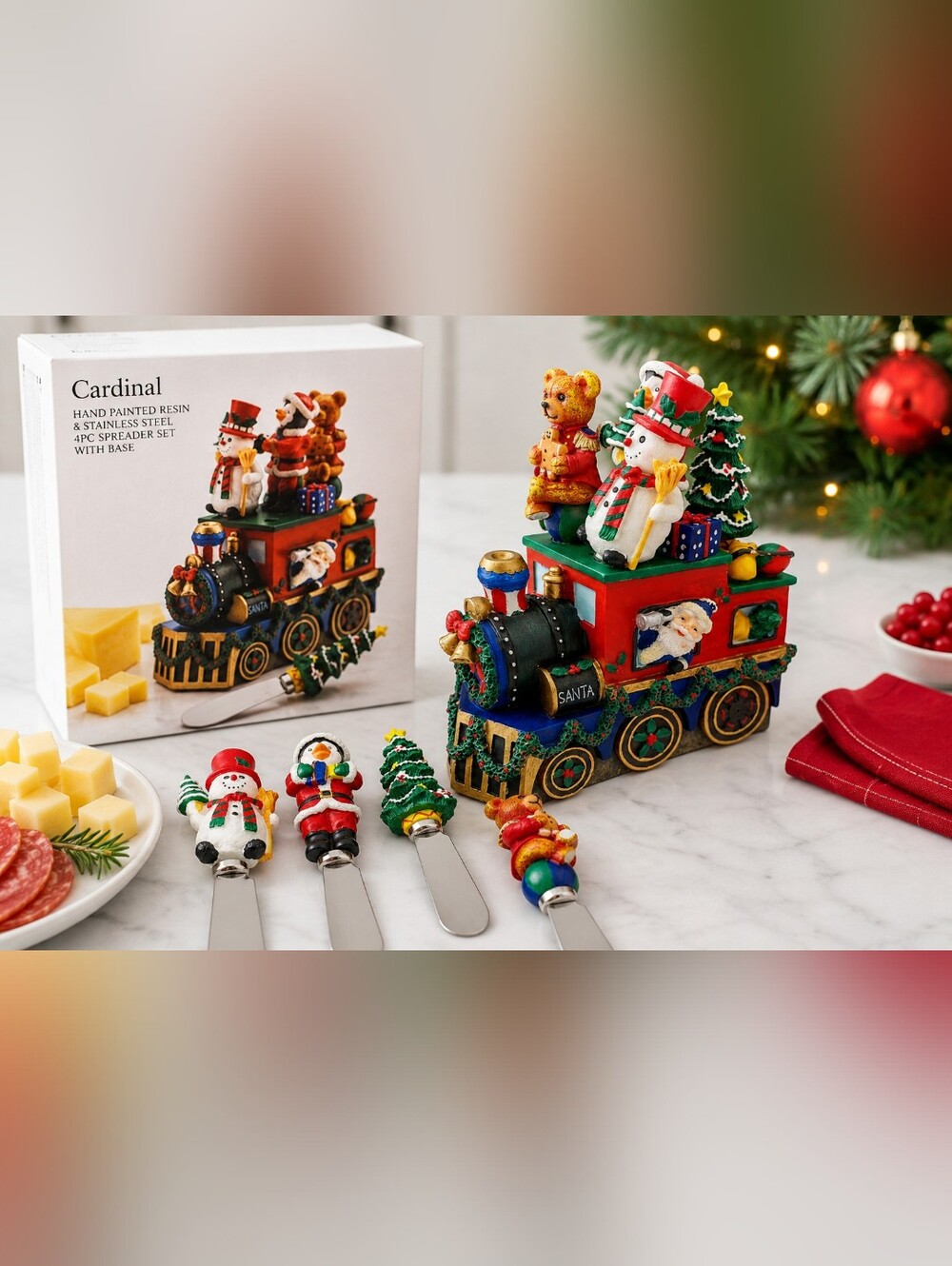 Cardinal Christmas Train Cheese Spreader Set 4 Pc Hand Painted Resin Stainless